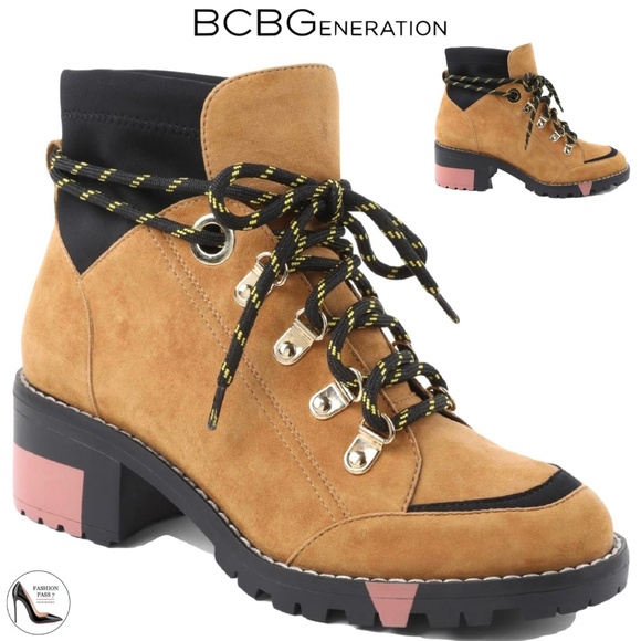BCBGeneration Nalli Tan Suede Lace-Up Hiker Bootie Brown Black Leather Boots 7 - Picture 1 of 12